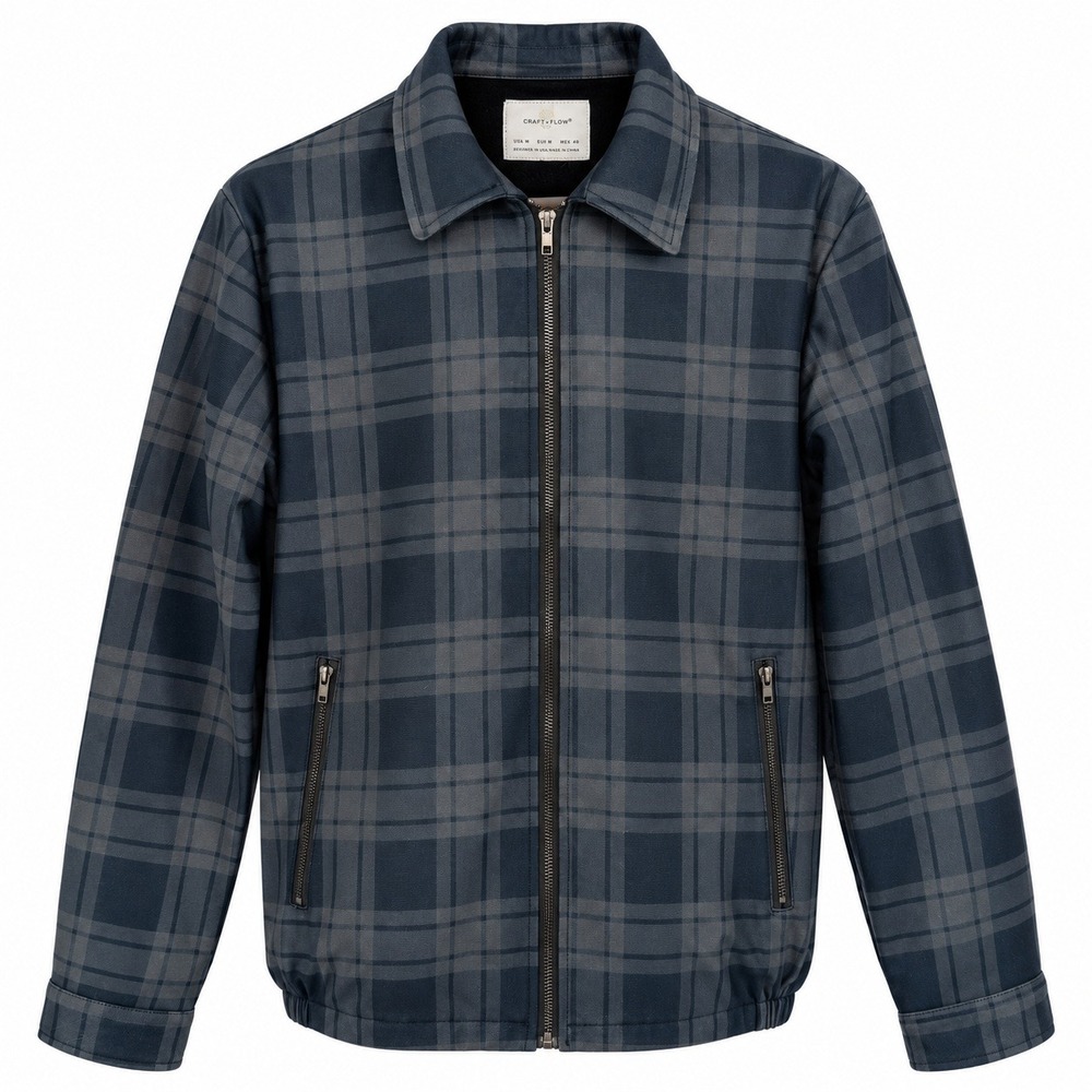 Craft + Flow Mens M Navy Gray Plaid Zip Bomber Harrington Jacket